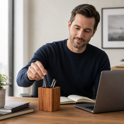 🌿 Desk Essential | Natural Wood Pen Holder | Warm Workspace Accent