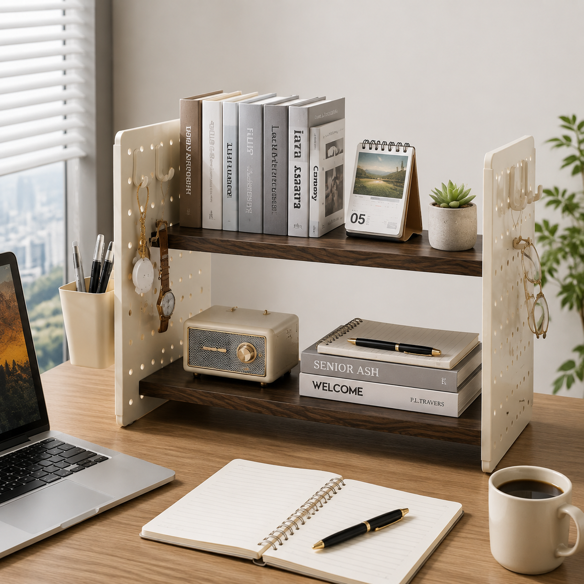 🤎 Desktop Shelf Organizer | Wood & Metal Structure | Office Desk & Home Storage | Minimal Space-Saving Design